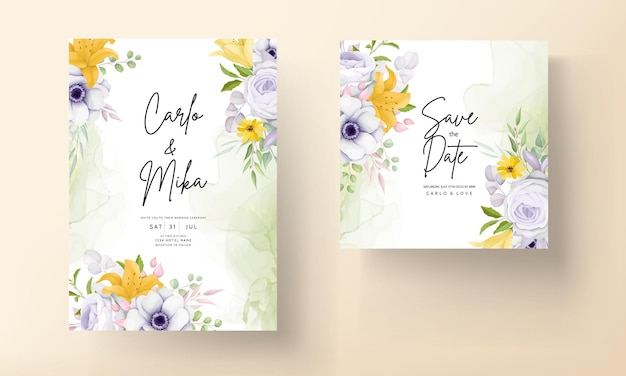 Vector gratuito tarjeta de invitación de boda hermosa flor amarilla y gris púrpura