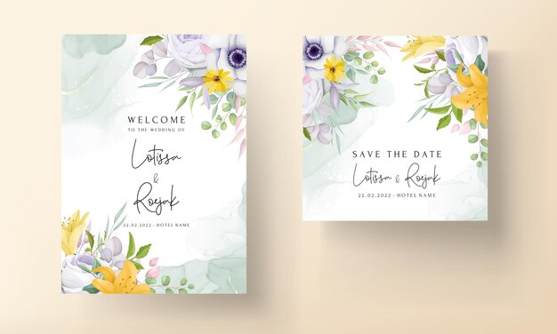 Vector gratuito tarjeta de invitación de boda hermosa flor amarilla y gris púrpura