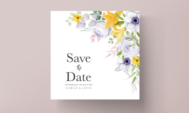tarjeta de invitación de boda hermosa flor amarilla y gris púrpura