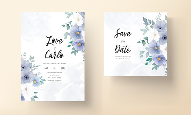 Vector gratuito tarjeta de invitación de boda hermosa con flor azul