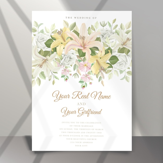 Vector gratuito tarjeta de invitación de boda hermosa flor de lirio