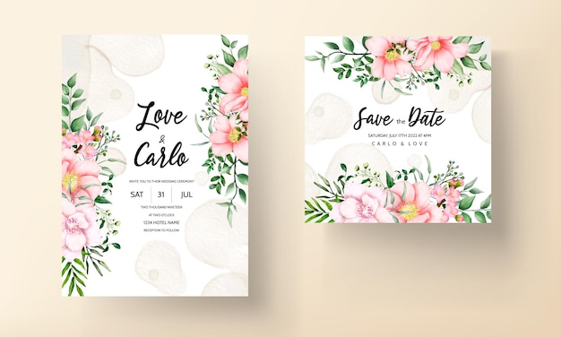 Vector gratuito tarjeta de invitación de boda con hermosa flor rosa acuarela