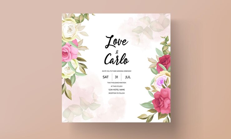 tarjeta de invitación de boda con hermosa flor rosa