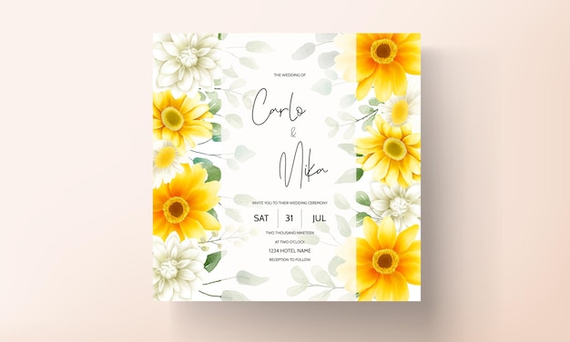 Tarjeta de invitación de boda con hermosa plantilla de flor de margarita en flor