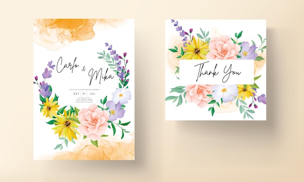 Tarjeta de invitación de boda con hermosas rosas y flores silvestres