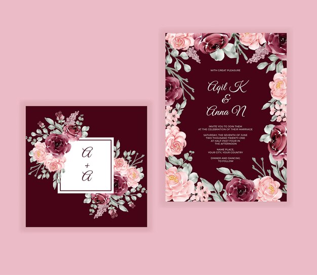 Tarjeta de invitación de boda con un hermoso color burdeos floral floreciente