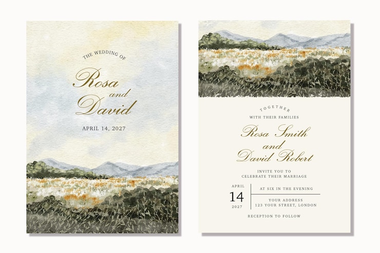 Vector gratuito tarjeta de invitación de boda con hermoso paisaje acuarela de fondo