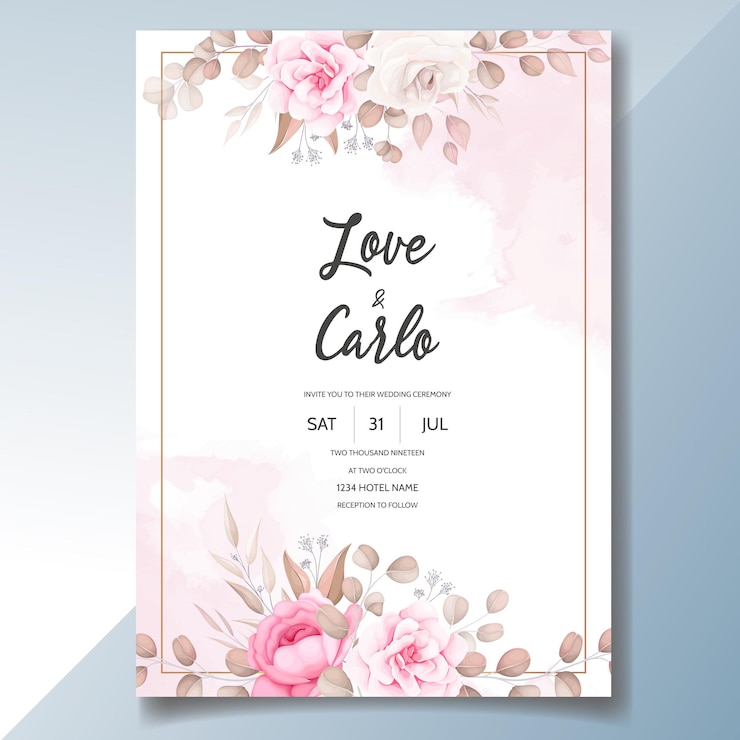 Tarjeta de invitación de boda con hermosos adornos florales.