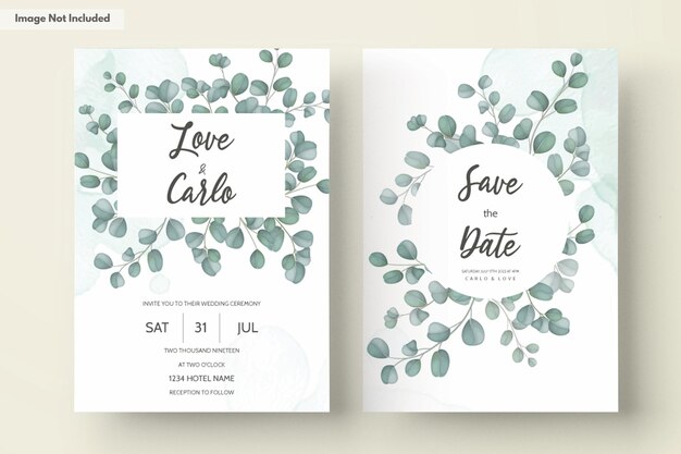 Tarjeta de invitación de boda con hojas de eucalipto verde