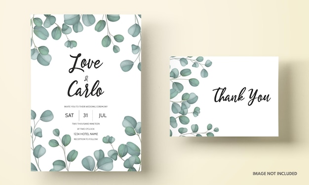 Tarjeta de invitación de boda con hojas de eucalipto verde