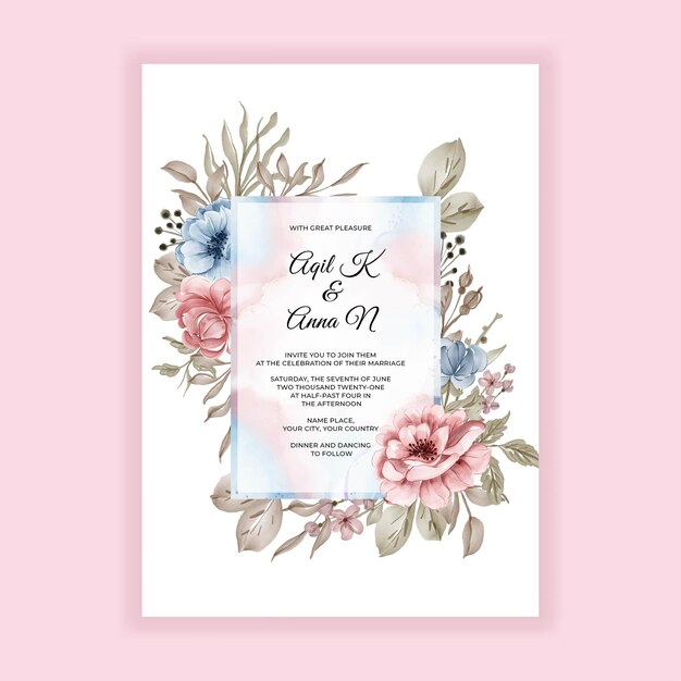 Vector gratuito tarjeta de invitación de boda marco floral con flores de color rosa azul