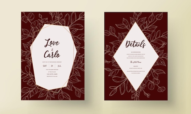 Tarjeta de invitación de boda moderna deja adornos de diseño