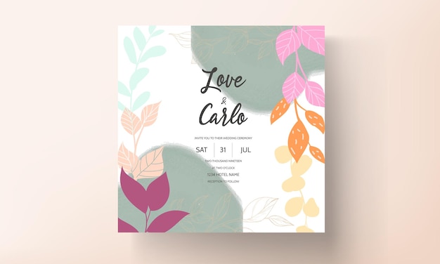 Tarjeta de invitación de boda moderna deja adornos de diseño