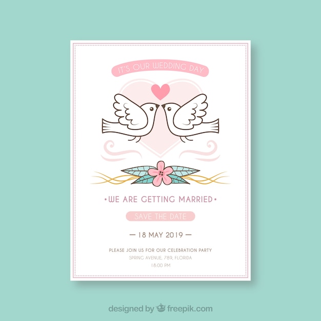 Vector gratuito tarjeta de invitación de boda con palomas