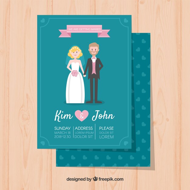 Tarjeta de invitación de boda con pareja en estilo plano