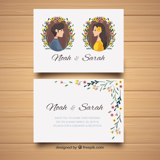 Tarjeta de invitación de boda con pareja y flores