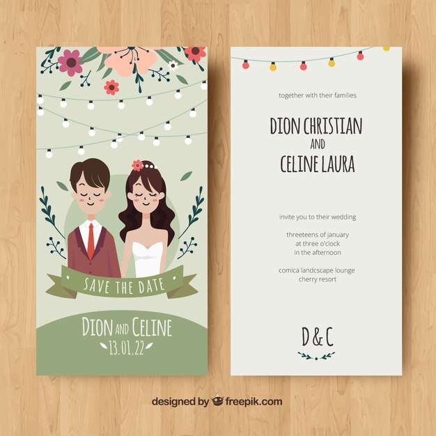 Tarjeta de invitación de boda con pareja y flores