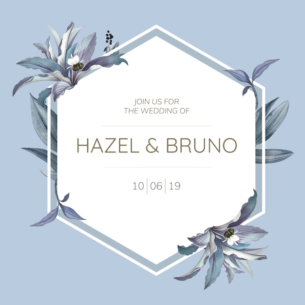 Tarjeta de invitación de boda con vector de diseño de hojas azules