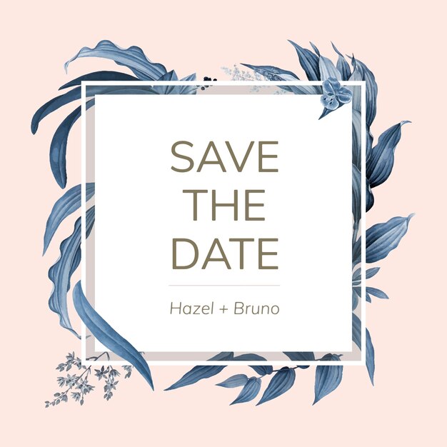 Tarjeta de invitación de boda con vector de diseño de hojas azules