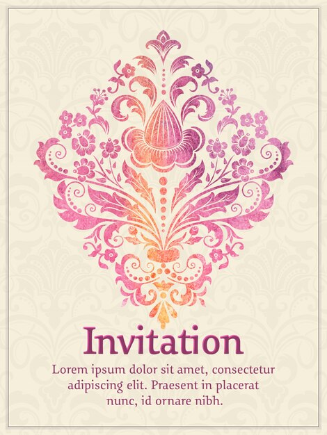 tarjeta de invitación con elemento damasco acuarela en el fondo de Damasco luz