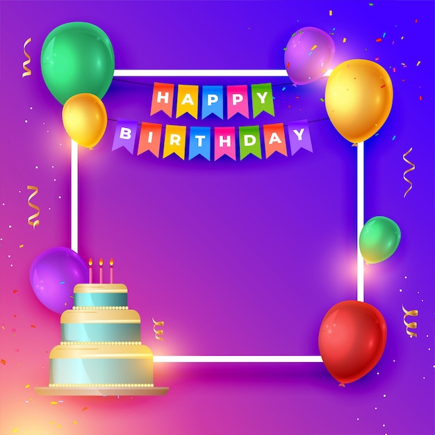 tarjeta de invitación de feliz cumpleaños con pastel de cumpleaños y marco vacío