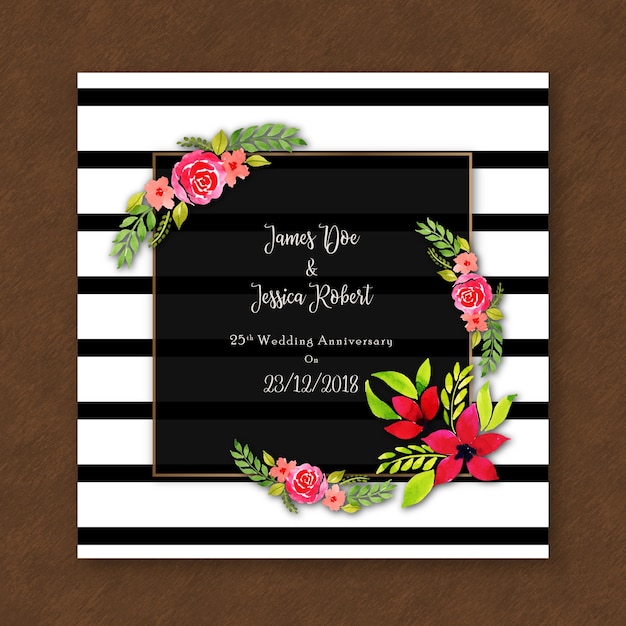 Tarjeta de invitación floral aniversario acuarela con rayas