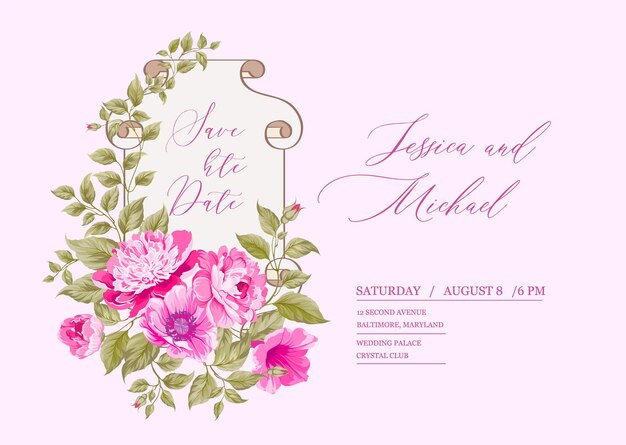 Tarjeta de invitación floral. Plantilla botánica de boda.