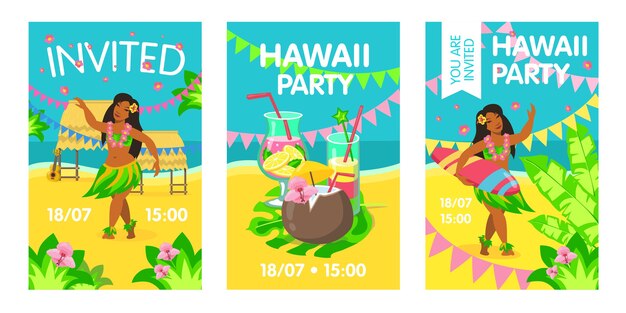 Tarjeta de invitación de Hawaii con mujer en la playa. Hawaii, cóctel, surf, fiesta