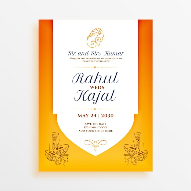 La tarjeta de invitación de shehnai celebra el gran día con tradiciones musicales.