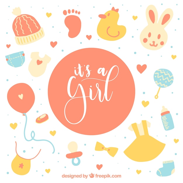 Tarjeta linda de niña con juguetes y ropa
