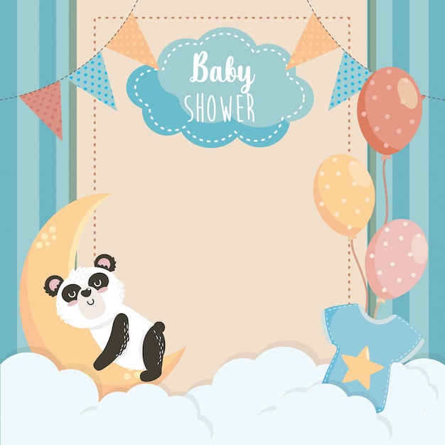 Vector gratuito tarjeta de lindo panda con etiqueta y globos.