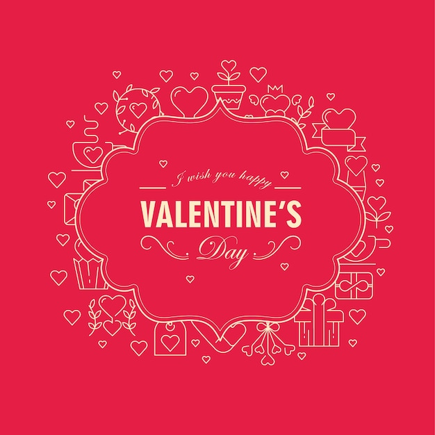 Vector gratuito tarjeta de marco figurado de dos colores original con muchos objetos de símbolo alrededor del texto sobre el día de san valentín en la ilustración de vector rojo