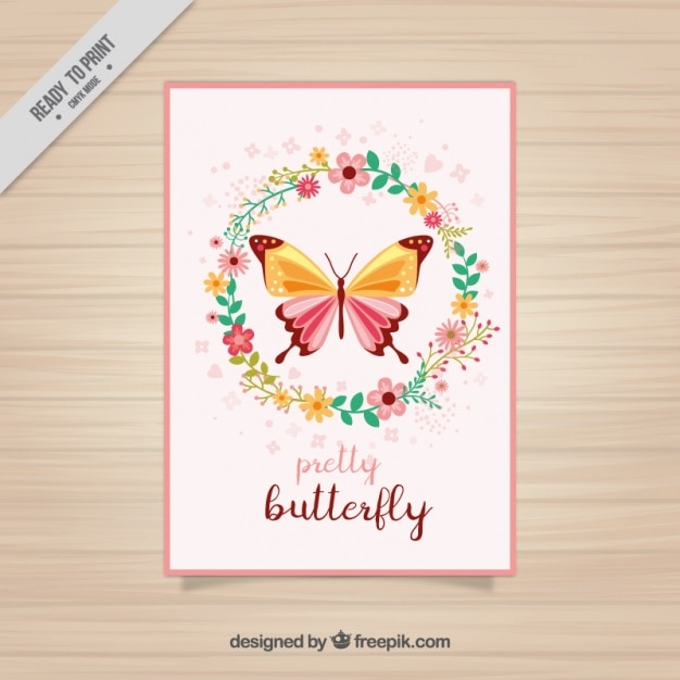 Tarjeta de mariposa con corona floral