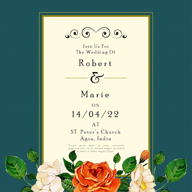 Vector gratuito tarjeta multipropósito de fondo de marco de flores naranjas blancas de invitación de boda colorida azul