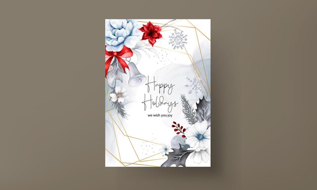 Tarjeta de Navidad y año nuevo con adorno navideño rojo y floral blanco acuarela
