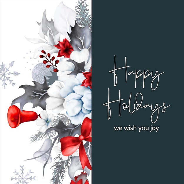Vector gratuito tarjeta de navidad y año nuevo con adorno navideño rojo y floral blanco acuarela