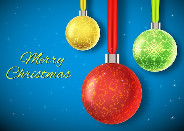 tarjeta de navidad con bola de navidad amarilla Tres bolas de navidad brillantes de colores