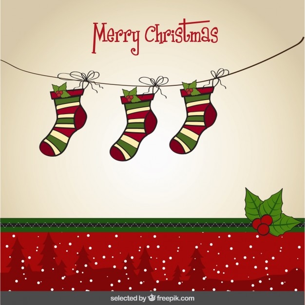 Tarjeta de Navidad con los calcetines colgados