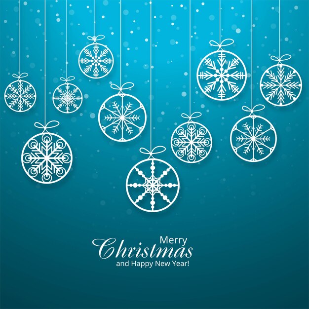 Tarjeta de Navidad con copos de nieve colgantes bola de fondo