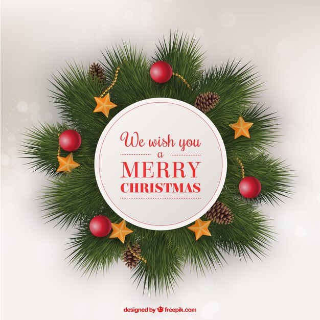 Tarjeta de navidad con decoración de hojas de abeto con adornos