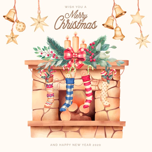 Tarjeta de Navidad con hermosa chimenea y adornos