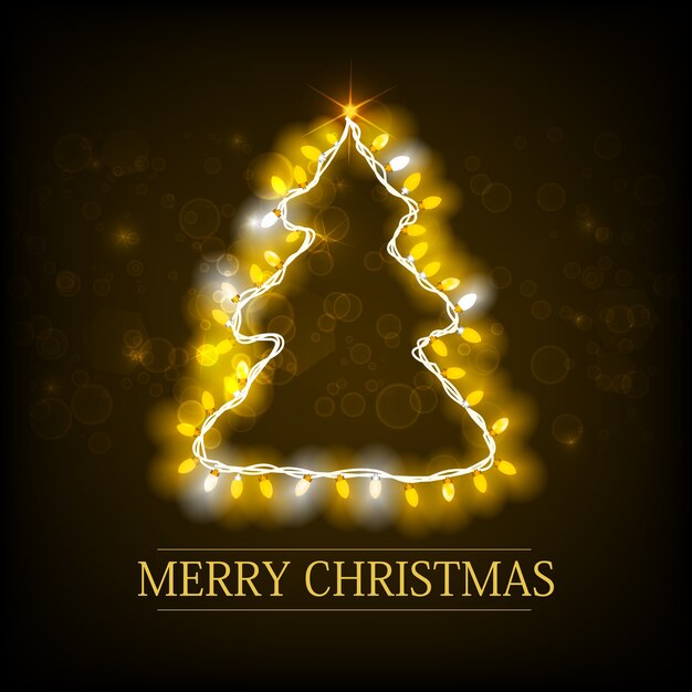 Tarjeta de Navidad con inscripción silueta de árbol de Navidad y guirnalda luminosa en la oscuridad