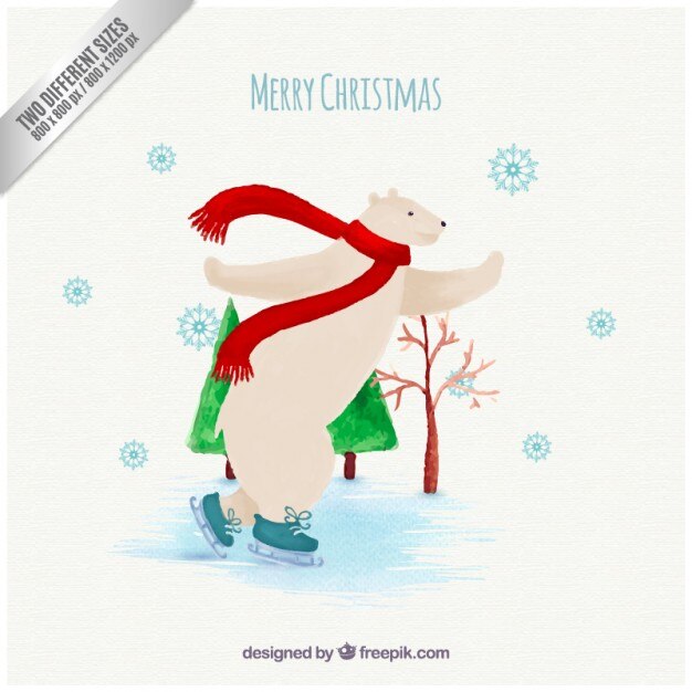 Tarjeta de navidad con un oso haciendo patinaje sobre hielo