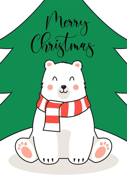 Tarjeta de Navidad con oso polar y texto de Feliz Navidad en fondo de invierno