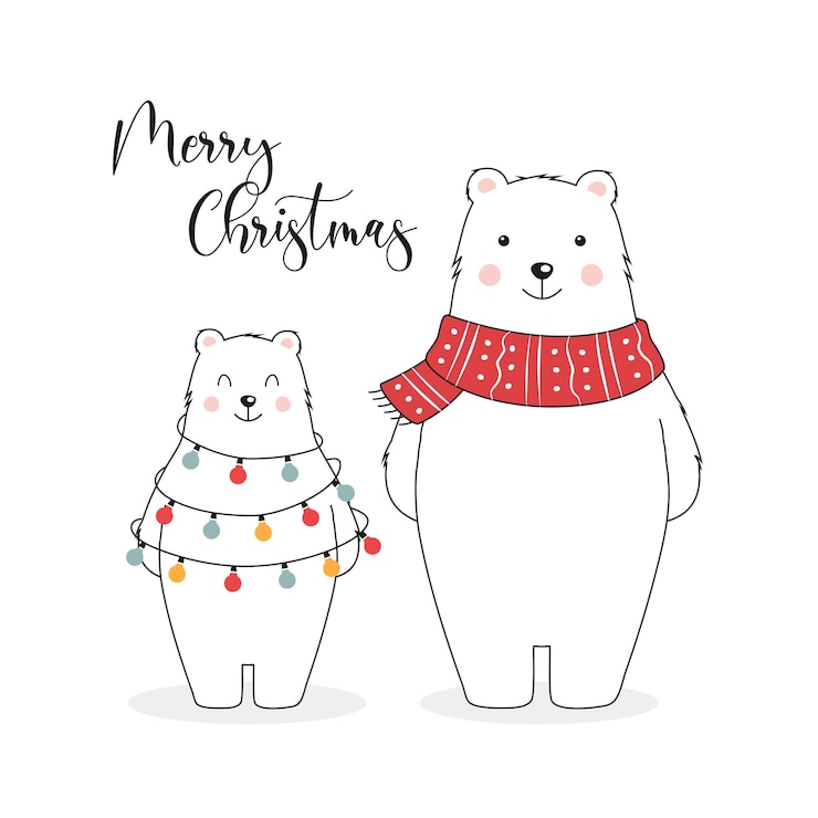 Vector gratuito tarjeta de navidad con osos polares y luces de navidad