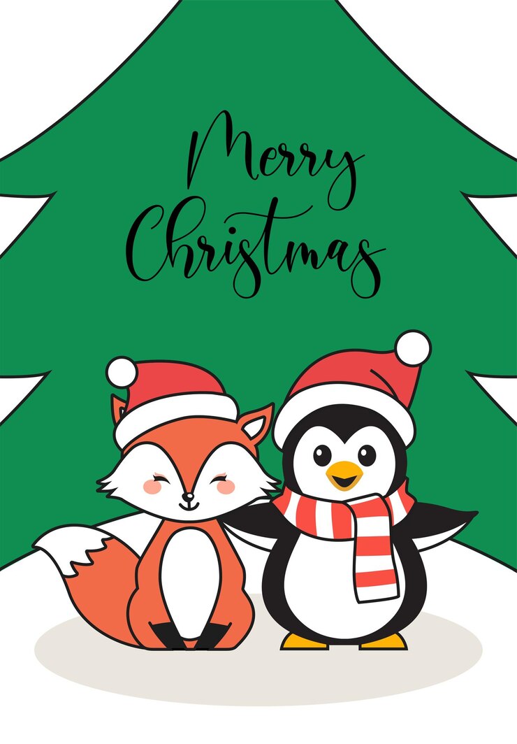 Vector gratuito tarjeta de navidad con pingüino zorro y texto de feliz navidad en fondo de invierno