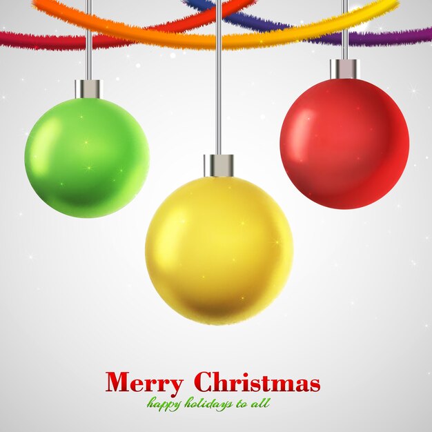 tarjeta de navidad tres bolas de colores colgantes