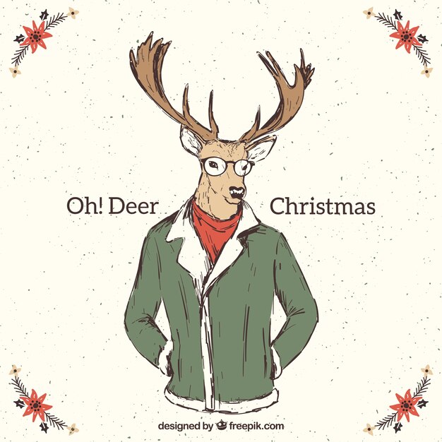 Tarjeta navideña de reno con ropa de invierno en estilo hipster