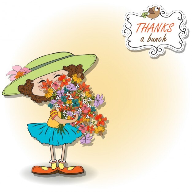 Tarjeta de niña graciosa con ramo de flores