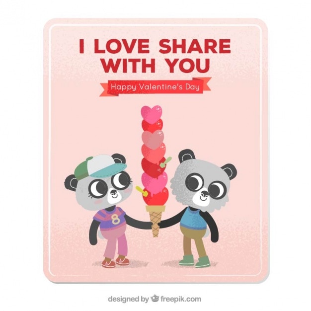 Tarjeta de osos panda con un helado de corazones